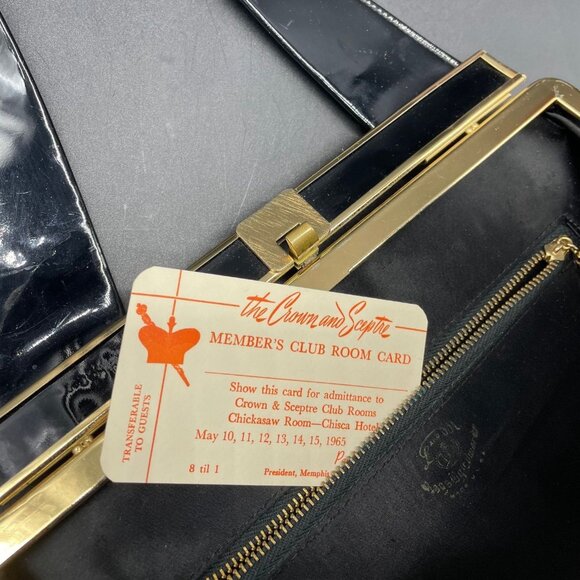 Vintage Black Patent Leather Handbag Gold Tone Memphis Cotton Carnival 1965 Card - Picture 7 of 10